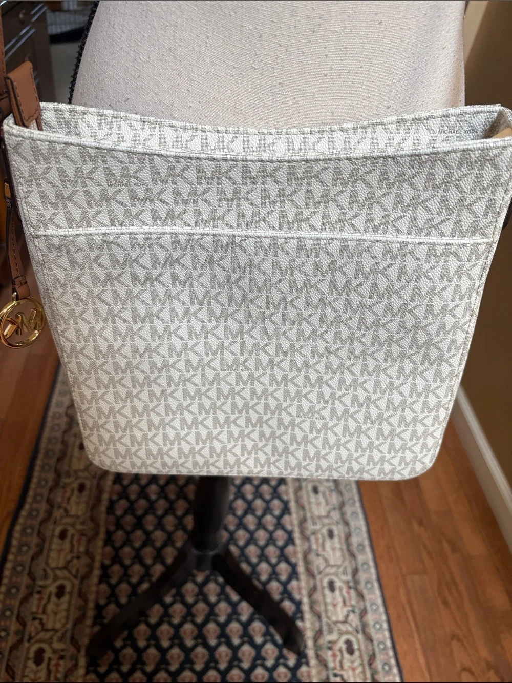 Michael Kors Cream Logo Crossbody with Brown Leather Strap